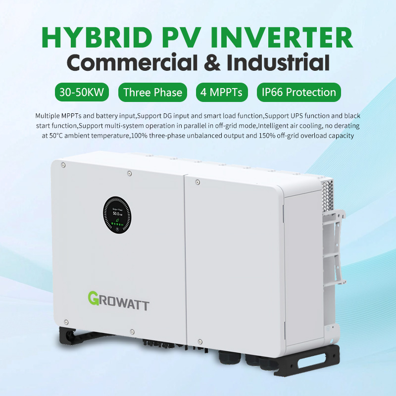 محول طاقة شمسية هجين ثلاثي الطور بقدرة 30-50 كيلووات من Growatt، و4 أجهزة تتبع MPPT، وحماية IP66 الخارجية لتخزين الطاقة التجارية