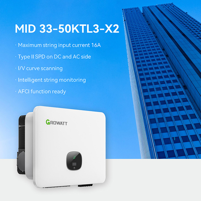 محول سلسلة Growatt MID 30-50KW، ثلاثي الطور، 3/4 MPPTs، مقاوم للماء IP66، كفاءة عالية 98.8% لمحطات الطاقة الشمسية التجارية