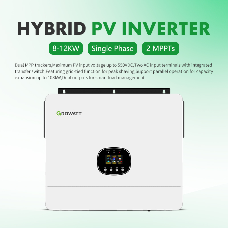 محول طاقة شمسية هجين أحادي الطور من Growatt SPE 8000-12000 ES 8-12KW، 2 جهاز تعقب MPPT مستقل، بطارية منخفضة الجهد 48 فولت متوافقة مع نظام تخزين الطاقة الشمسية السكني داخل وخارج الشبكة