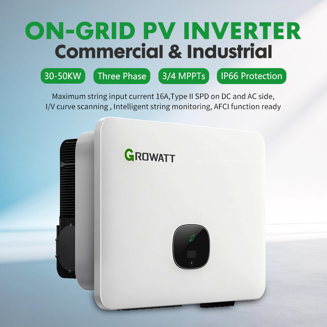 Growatt MID 30-50KTL3-X2 عاكس شمسي ثلاثي الطور على الشبكة | 3/4 أجهزة تتبع MPPT مستقلة، حماية IP66 للأماكن الخارجية للأنظمة الكهروضوئية التجارية الصغيرة على الأسطح