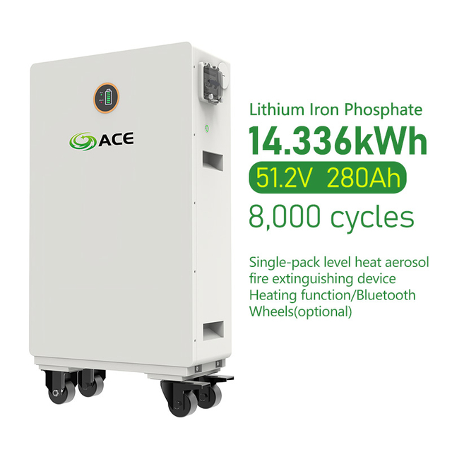 ACE m&oacute;vil para todo clima, bater&iacute;a LiFePO4 de 51,2 V, 14.336kWh, 280Ah, almacenamiento de energ&iacute;a Solar fuera de la red de bajo mantenimiento, Bluetooth inteligente